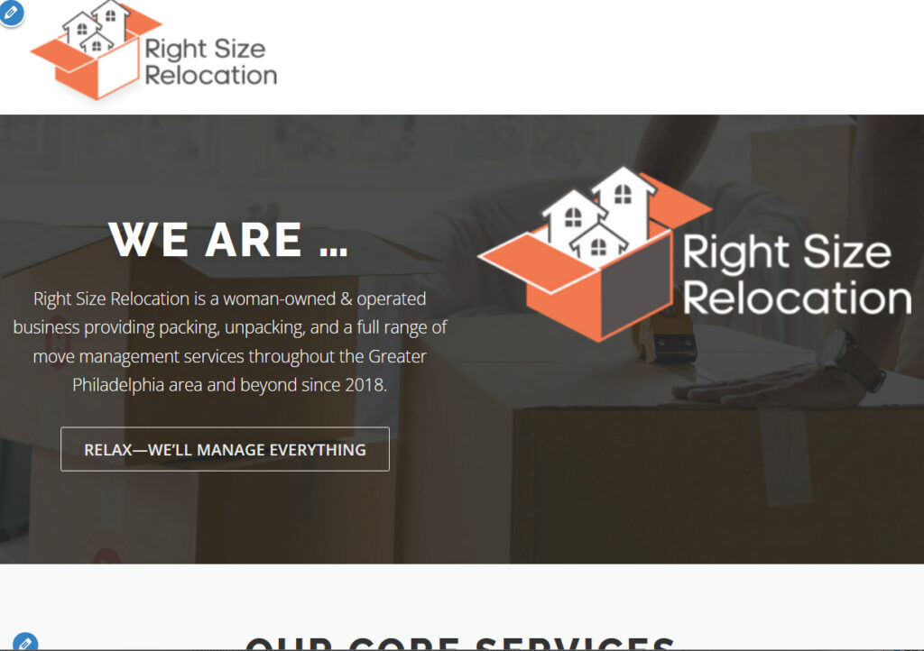 Homepage of the Right Size Relocation website showing a clean WordPress redesign with service-focused layout and clear calls to action.