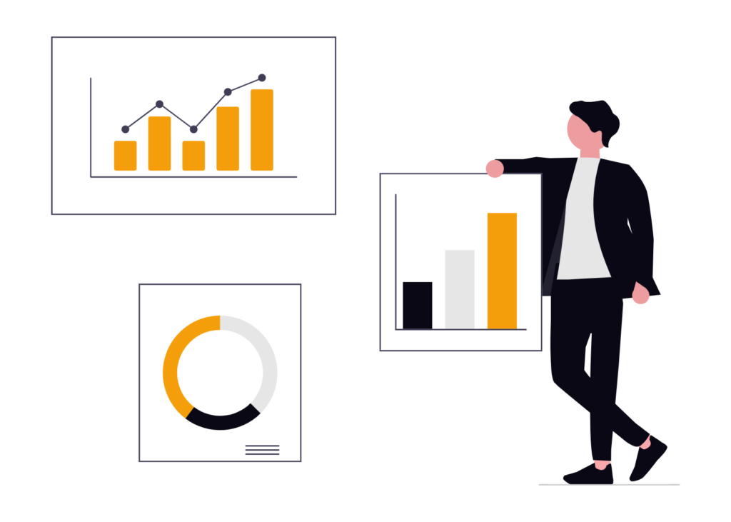 Cartoon illustration showing website analytics and search visibility improving